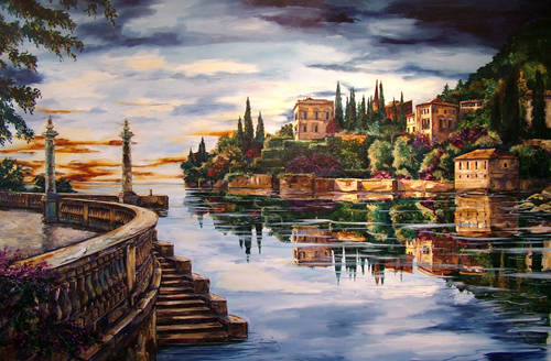 Warm Tuscan Villa, warm colors, overlooking tuscan fielda with roman cypress and flowers